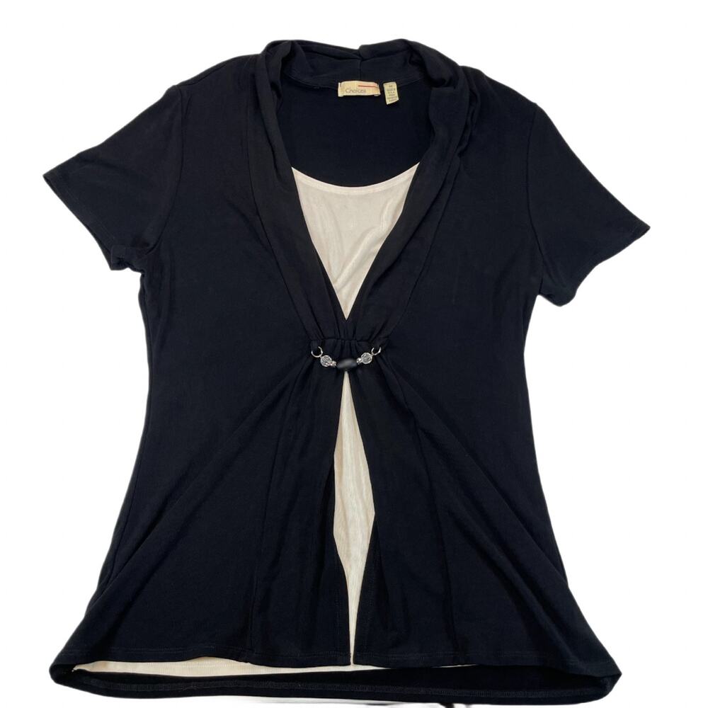Choices Black Cream Faux Layer Drape Cowl Neck Blouse Top Women's Size M